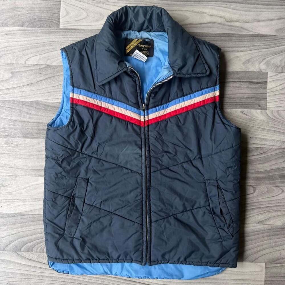 Sears Puffer Vest Size S Vintage Blue Striped 0745-88126
